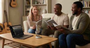A group of people practice singing while streaming movie on the laptop