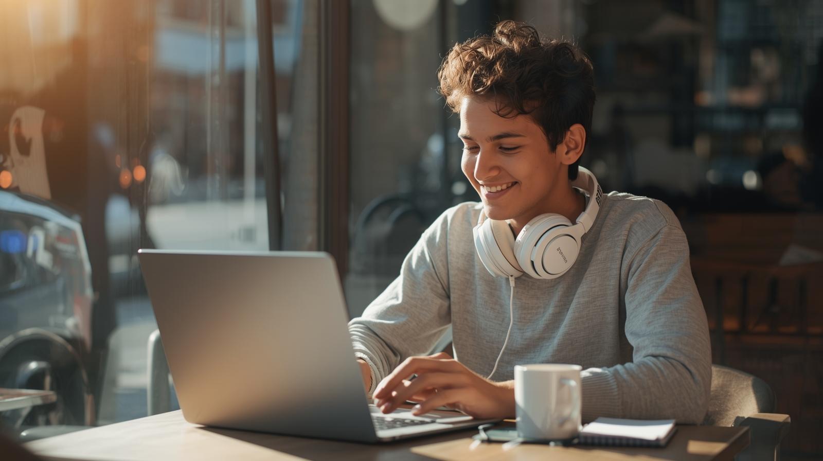 Person enjoying music research at a bright café table with blurred laptop screen.